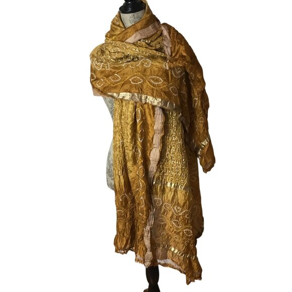 VTG Silk Bandhani Dupatta Shawl Gold Crinkle Wrap Zari Border India Artisan Boho - Picture 5 of 10
